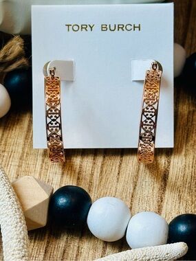NWT Tory Burch Rose Gold Cut Out  Logo Patterned Hoop Earrings
